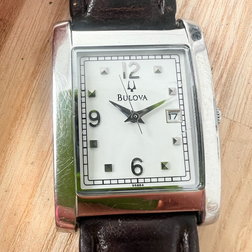 Bulova rectangular silver tone brown leather watch NEW BATTERY
